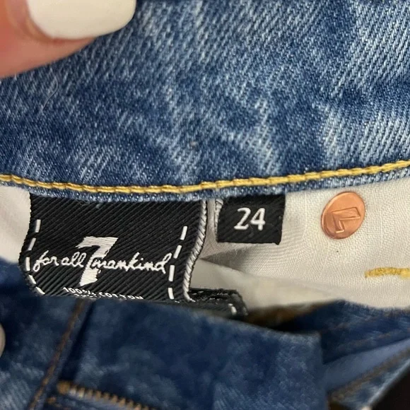 7 For All Mankind Distressed Raw Hem Frayed Denim Jean Mini Skirt Size 24 - Picture 4 of 14